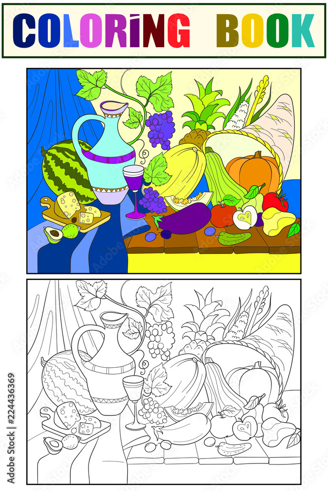 Vegetables and fruits harvest style raster illustration. Thanksgiving Day still life. Old engraving imitation.