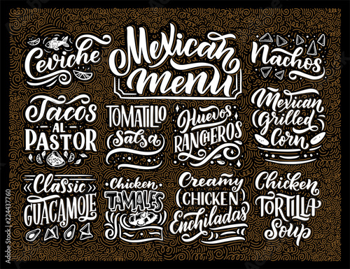 Mexican Menu lettering with traditional food names Guacamole, Enchilada, Tacos, Nachos and more. Vector vintage illustration. Background for restaurant, cafe, showcase, storefront design