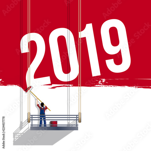 Carte de vœux humoristique avec un peintre sur son échafaudage qui peint en rouge un mur immense où s’inscrit l’année 2019