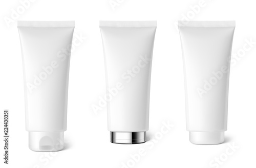 Realistic cosmetic tubes on white background. Can be used for cosmetic, medical, gels, creams, shampoo and pastes. Vector illustration. EPS10.