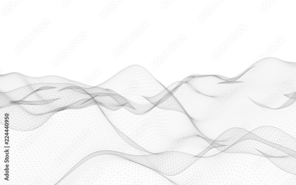 Fototapeta Abstract landscape on a white background. Cyberspace grid. Hi-tech network. 3D illustration
