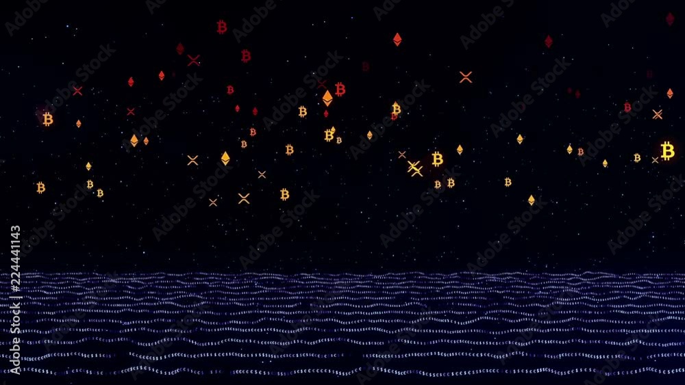 Falling red cryptocurrency particles bounce. Bright glowing crypto coin symbols like bitcoin, ethereum and ripple rain on dollar and euro data stream. Abstract 3D animation futuristic concept.