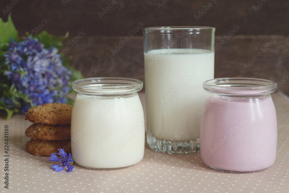 dairy products: yogurt, a glass of milk and oatmeal cookies,
rustic style dairy products: yogurt, a glass of milk and oatmeal cookies,
rustic style
