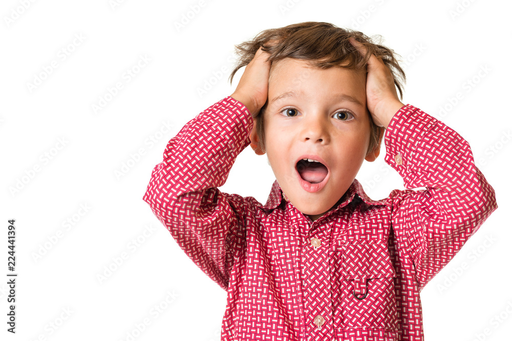 young boy holding his head, isolated on white background young boy holding his head, isolated on white background