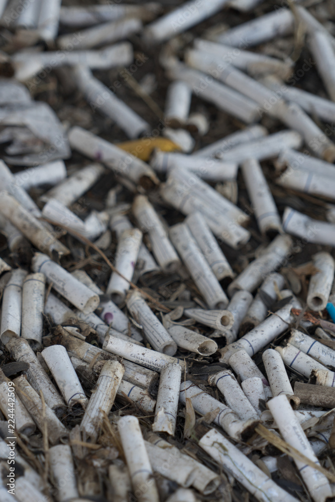 Cigarette butts. Background. Place for your text.