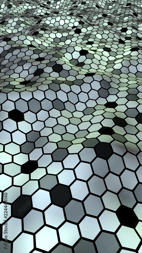 Naklejka premium Honeycomb with a gradient color. Perspective view on polygon look like honeycomb. Wavy surface. Isometric geometry. 3D illustration