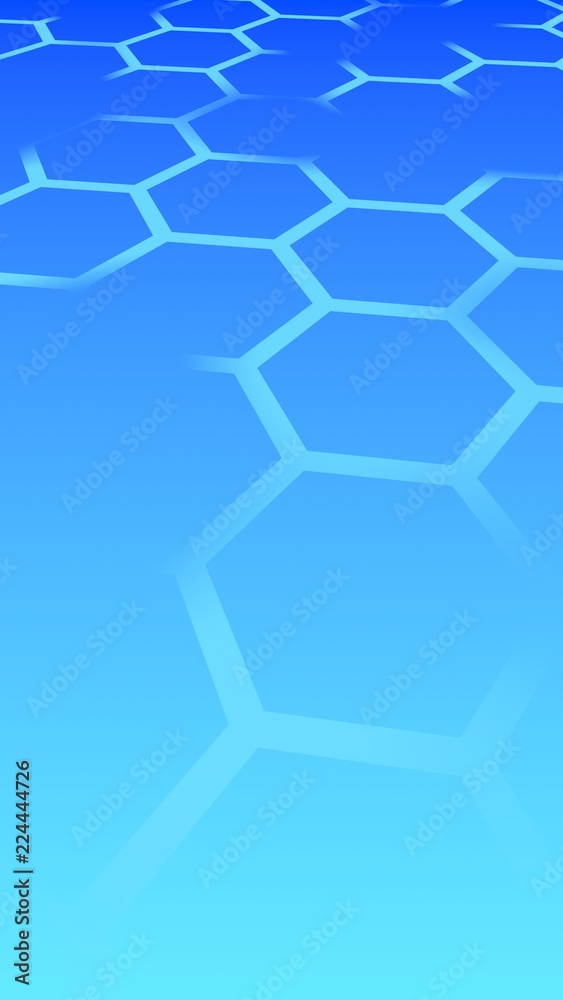 Translucent honeycomb on a gradient blue sky background. Perspective view on polygon look like honeycomb. Isometric geometry. Vertical image orientation. 3D illustration Translucent honeycomb on a gradient blue sky background. Perspective view on polygon look like honeycomb. Isometric geometry. Vertical image orientation. 3D illustration