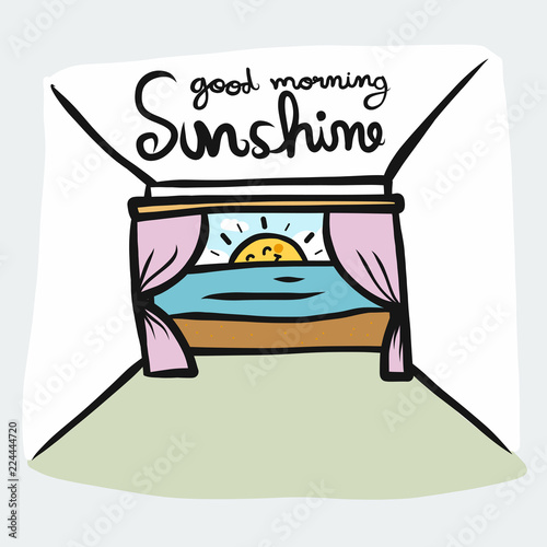 Good morning sunshine sun rise smile beach window cartoon vector illustration