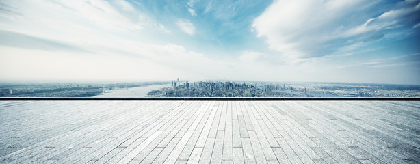 empty floor with modern cityscape in new york