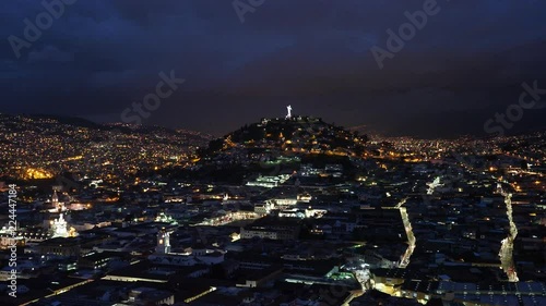 View over Old Town towards El Panecillo Hill at dusk, Quito, Pichincha Province, Ecuador