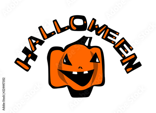 halloween, inscribed inscription in black orange colors, carelessly drawn style and with a smiling cartoon pumpkin