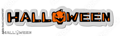 halloween, isolated inscription in black and orange colors, careless style and with a smiling pumpkin instead of the letter 0