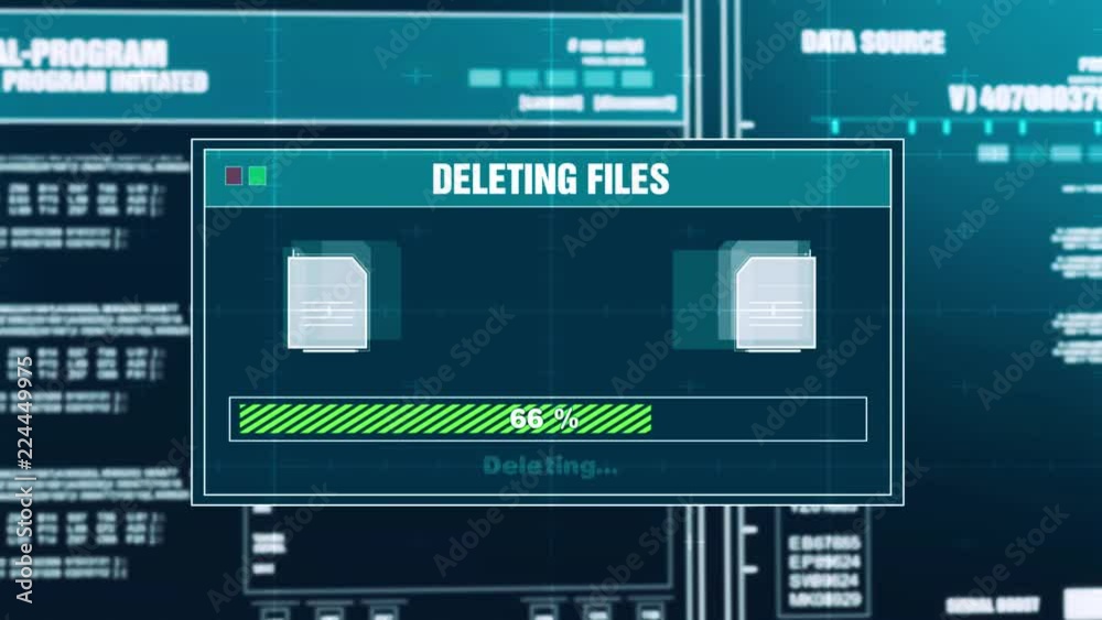 88. Deleting Files Progress Warning Message Files Deleted Alert on Computer Screen Entering System Login And Password . system Security, Cyber Crime, Computer Hacking Concept