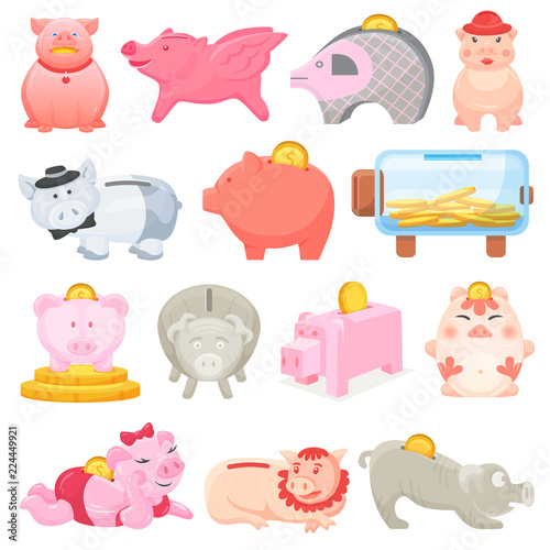 Piggy bank vector money pig box financial bank or money-box with investment savings and coins illustration set of piggybank or moneybox with cash isolated on transparent background photo