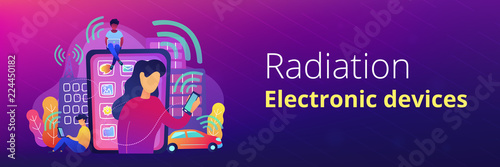 People using different electronic devices such as smartphone, laptop, tablet. Radio fields, electromagnetic pollution, radiation concept, violet palette. Header or Footer banner template.