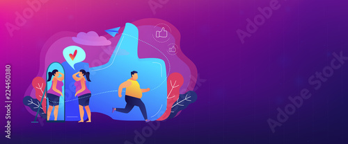 Plus size woman in front of the mirror as a concept of body positivity, acceptance and appreciation for all body types, body image, self confidence. Violet palette. Header or footer banner.