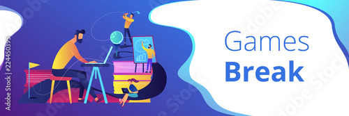 People in office working at the laptop, running presentation and playing golf as a concept of break, office fun, games and stress management. Violet palette. Header or footer banner template.