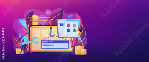 It professionals are creating web site on the laptop screen. Website development or web application, coding, designing for web browsers concept. Violet palette. Header or footer banner template.