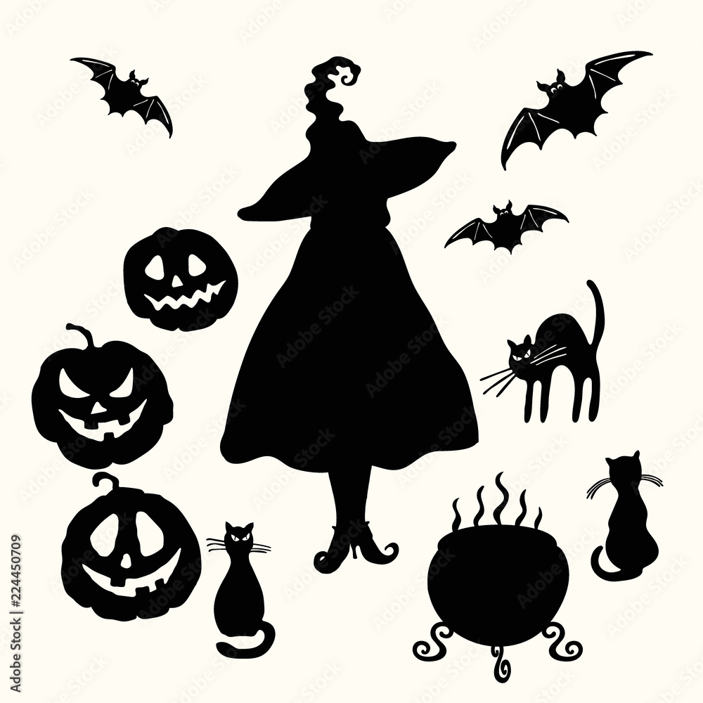 Fototapeta premium Witch, pumpkin lantern, cat, cauldron and bat stencil
