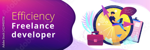 A freelance developer sitting on the clock hands with a laptop. Time management, productivity, efficiency, work rate, perfomance concept, violet palette. Header or footer banner template.