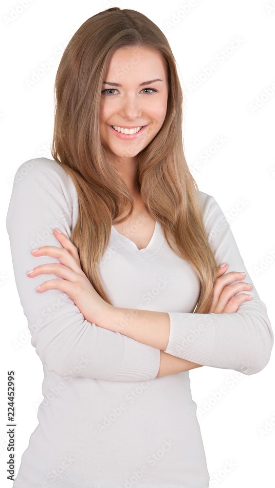 Smiling Woman Standing with Crossed Arms - Isolated Smiling Woman Standing with Crossed Arms - Isolated