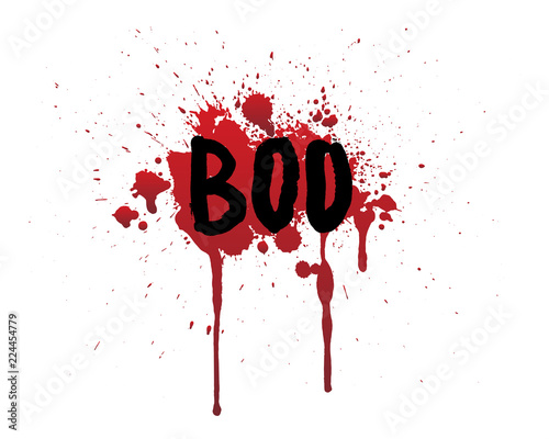 Hand drawn boo bloody lettering. Vector isolated text. Dripping blood or red brush stroke. Halloween concept, ink splatter illustration.