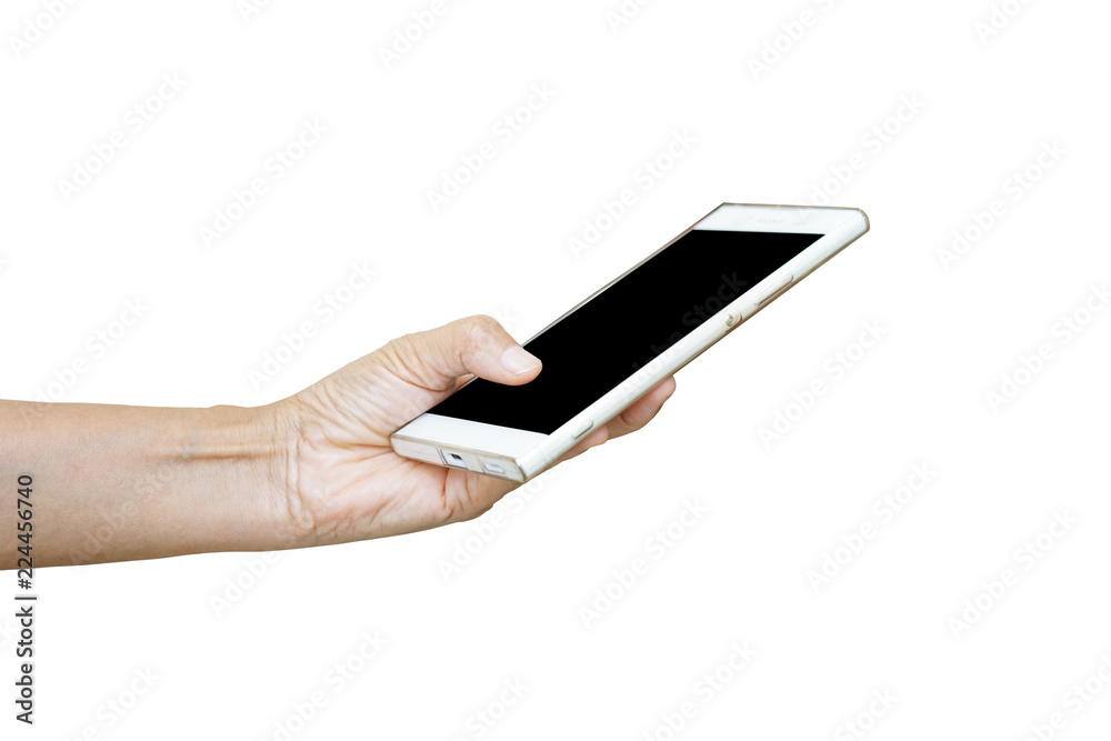 smartphone in one hand with thumb on touch screen isolated on white background with clipping path smartphone in one hand with thumb on touch screen isolated on white background with clipping path