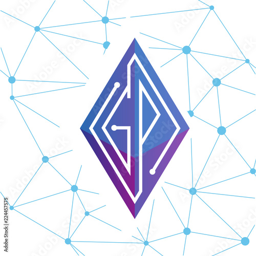 GP Initial letter block chain logo icon vector template. Looping mono line circuit letter on rhombus cube logo