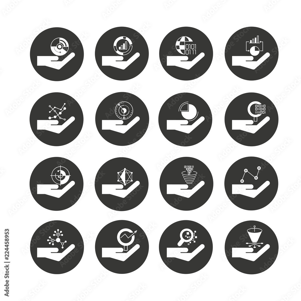 hand holding data chart and file icons in circle buttons hand holding data chart and file icons in circle buttons