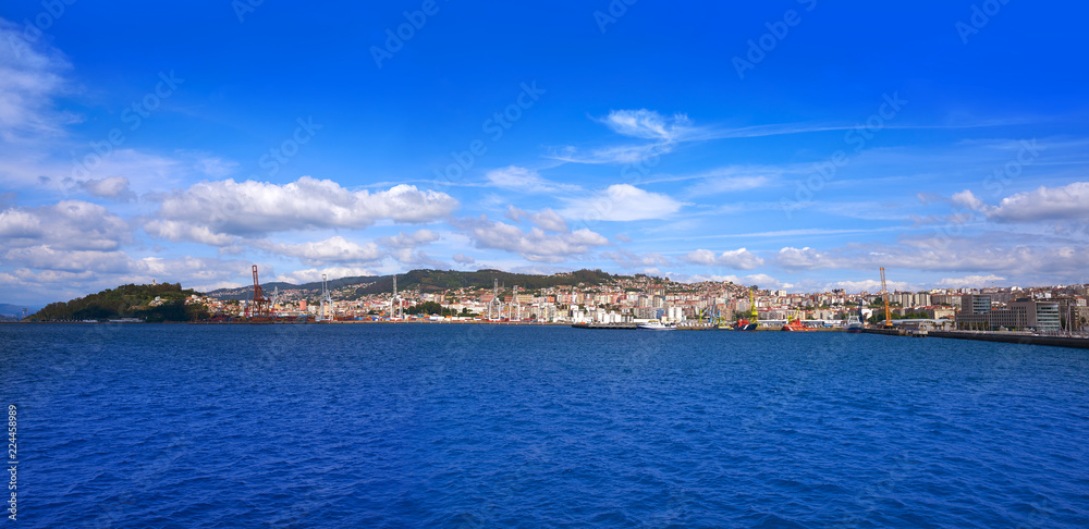 Vigo port skyline view from the sea in Galicia
