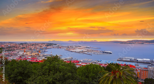 Vigo skyline and port sunset in Galicia Spain
