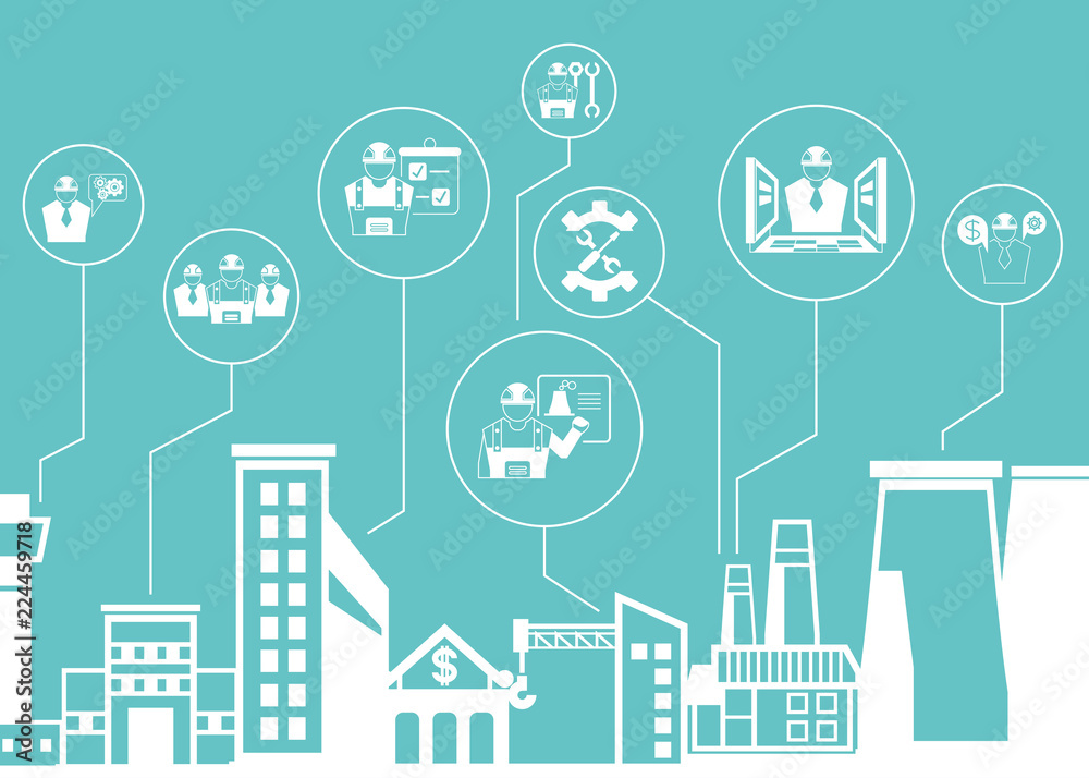 engineering and construction icons with city skyline background