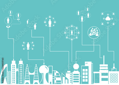 people network icons with city skyline background