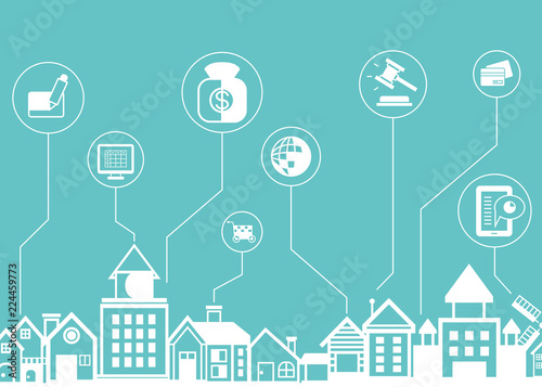 business icons with city skyline background
