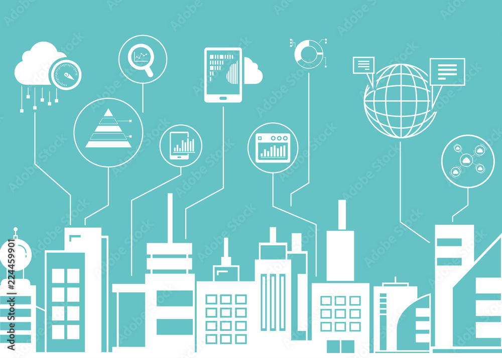 network and data analytics icons with city skyline background network and data analytics icons with city skyline background