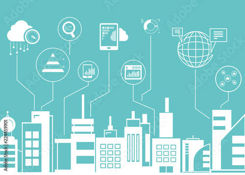 network and data analytics icons with city skyline background