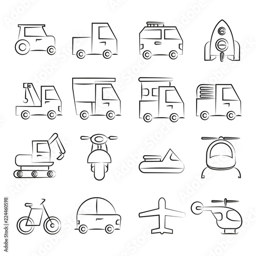 hand drawn transportation icons set