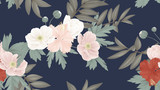 Floral seamless pattern, colorful anemone, hibiscus flowers with leaves on dark blue background