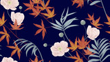 Floral seamless pattern, anemone flowers, red Japanese maple leaves, palm leaves on dark blue background