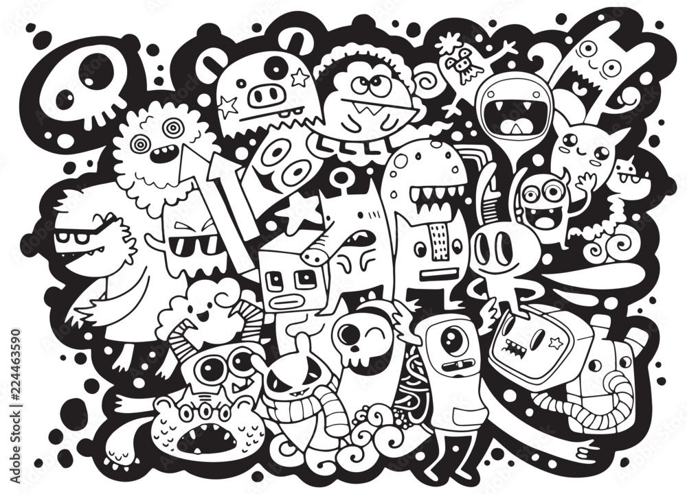 Vector illustration of Doodle cute Monster background ,Hand drawing ...