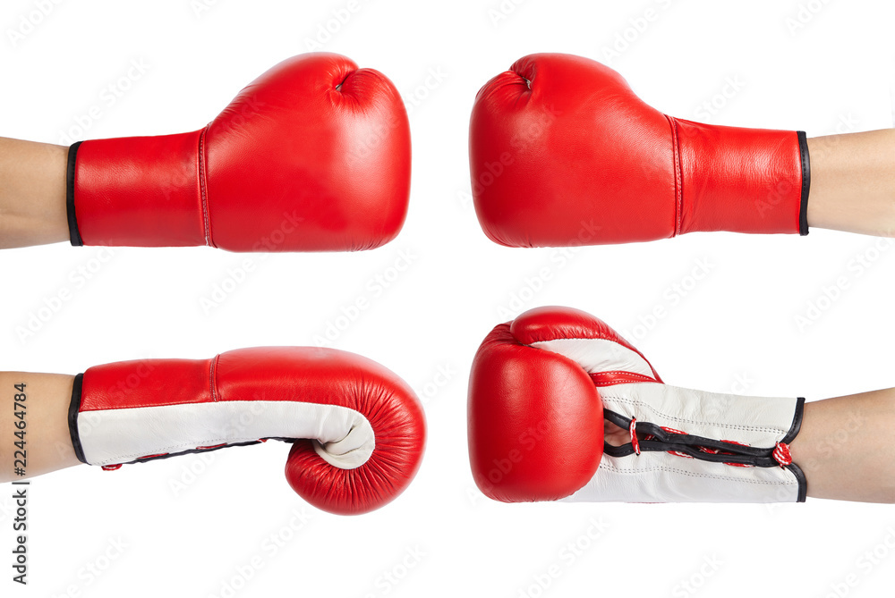 A set of red professional boxing glove isolated on white background.