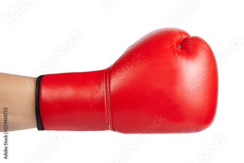 Hand in red boxind glove isolated on white background.