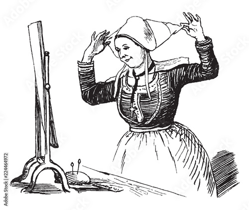 Woman Putting a Bonnet On, vintage illustration