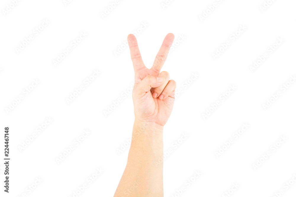 Naklejka premium Asian male hand showing v sign on white background.