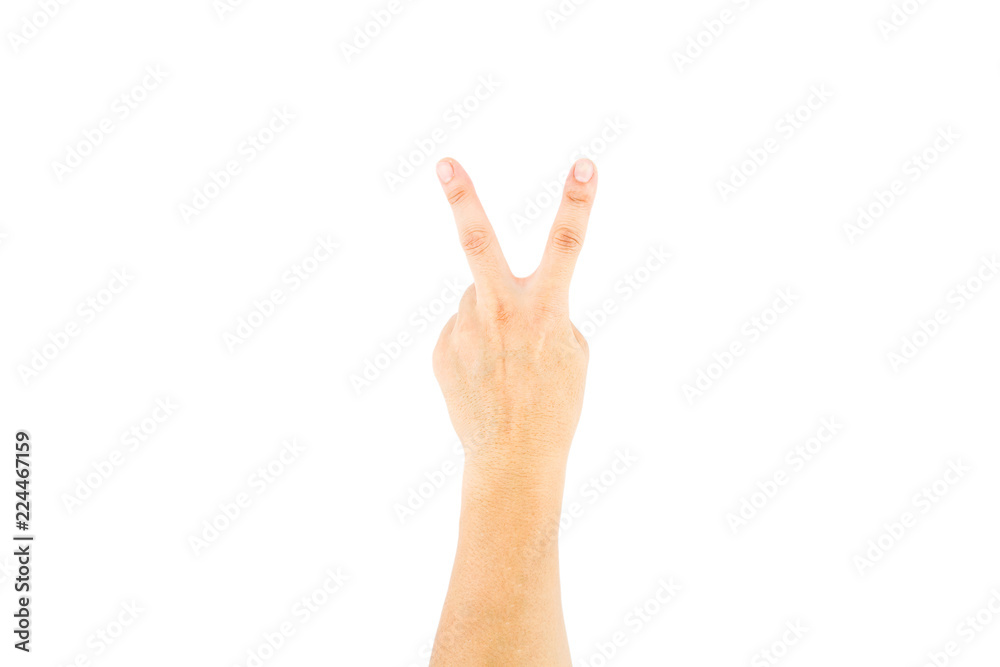 Asian male hand showing v sign on white background. Asian male hand showing v sign on white background.