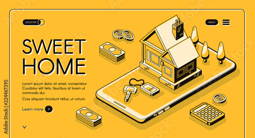 Real estate agency service vector illustration in isometric thin line on yellow halftone background. Sweet home web banner design of house and mobile phone with money for online buy or rent