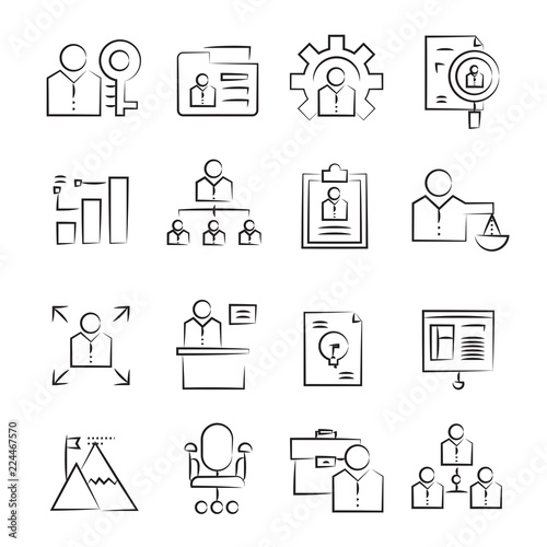 hand drawn office and business management concept icon set
