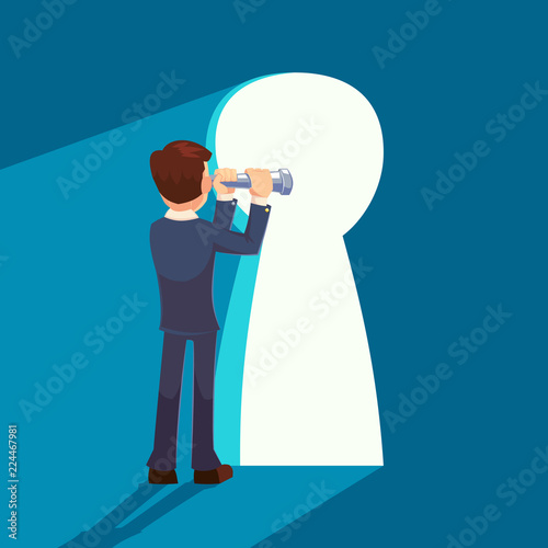 With a broader perspective, the top can be the key to success businessman standing in front of big keyhole, leadership, freedom, solution concept
