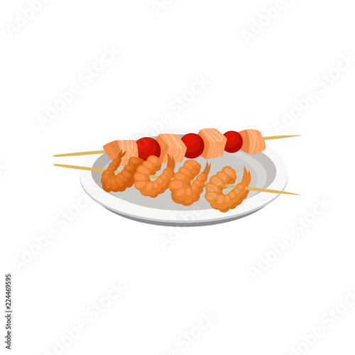 Grilled shrimps on a skewer and salmon kebab vector Illustration on a white background