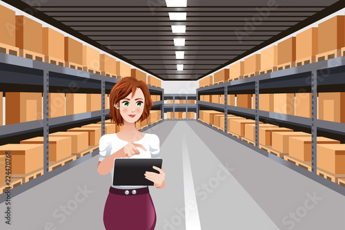 Beautiful Woman Working in a Warehouse Using Tablet PC
